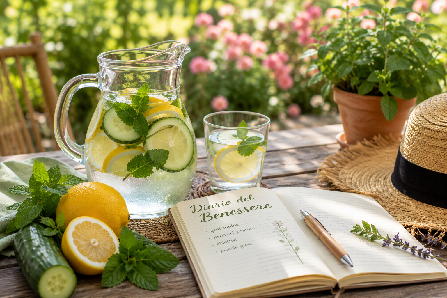 Rimedi naturali contro il caldo estivo: acqua aromatizzata con limone, cetriolo e menta accanto a un diario del benessere in un giardino estivo.